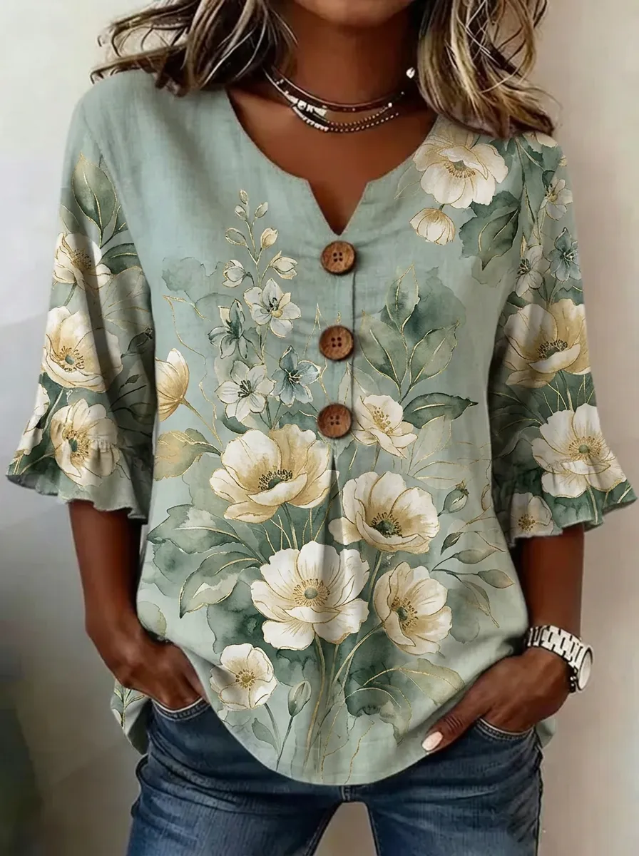 Women's Nashville Floral Botanical Printed V-Neck Button Top