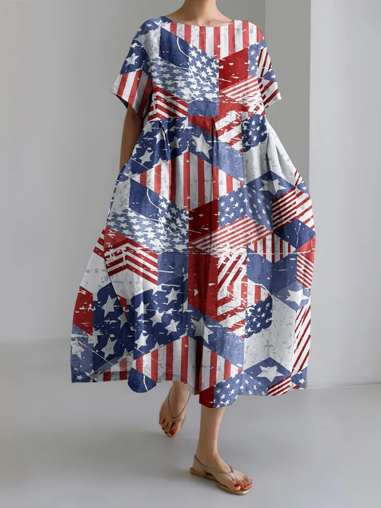 Independence Day Printed Crew Neck Short Sleeve Midi Dress