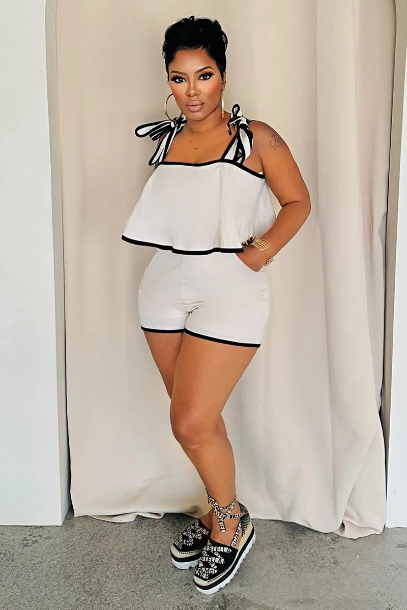 Ribbon Loose-Fit Cami Top Colorblock Trim Shorts 2pcs Set-White