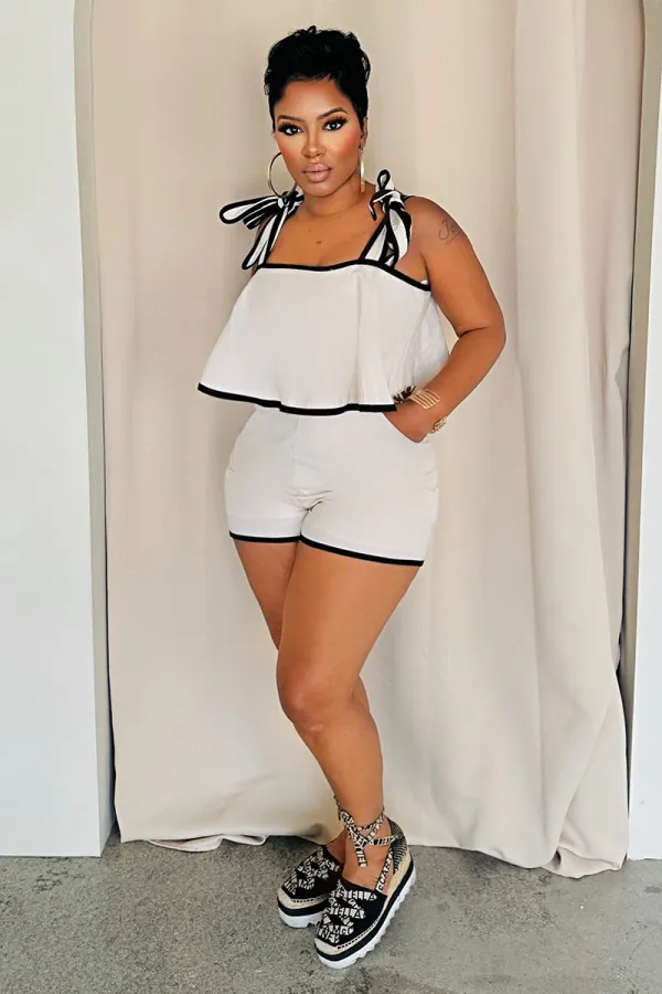 Ribbon Loose-Fit Cami Top Colorblock Trim Shorts 2pcs Set-White