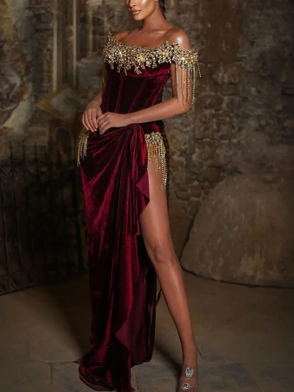 Metallic Gold Velvet Temperament Women's Dress