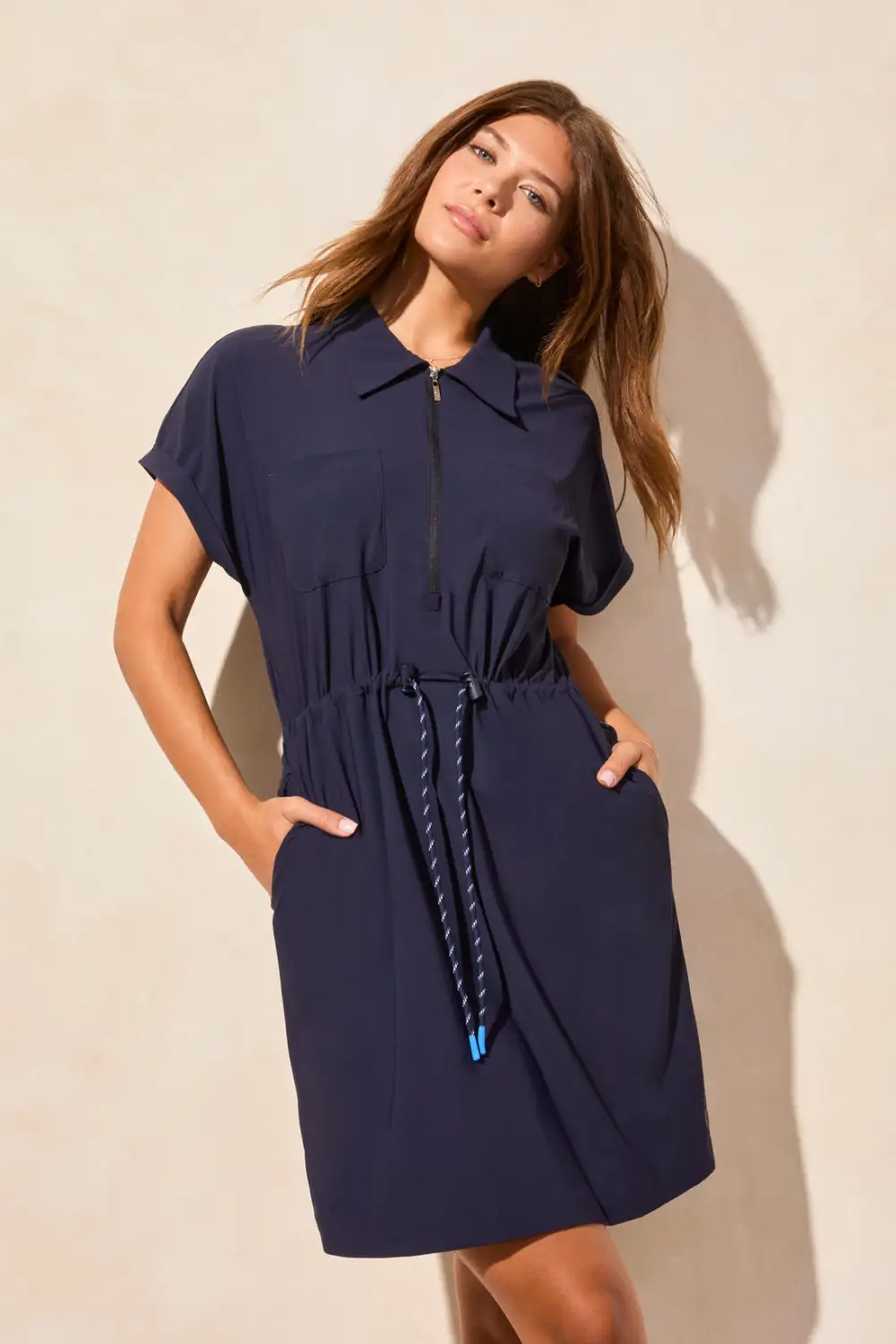 4-Way Stretch Polo Dress With Drawcord-Deepblue