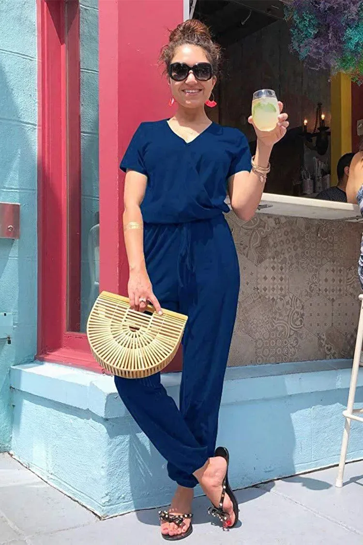 Deep V Neck Wrap Drawstring Waist Jumpsuit