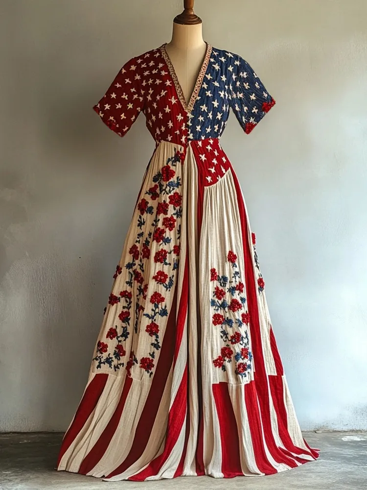 Vintage Flag Inspired Flower Embroidered Linen Maxi Dress