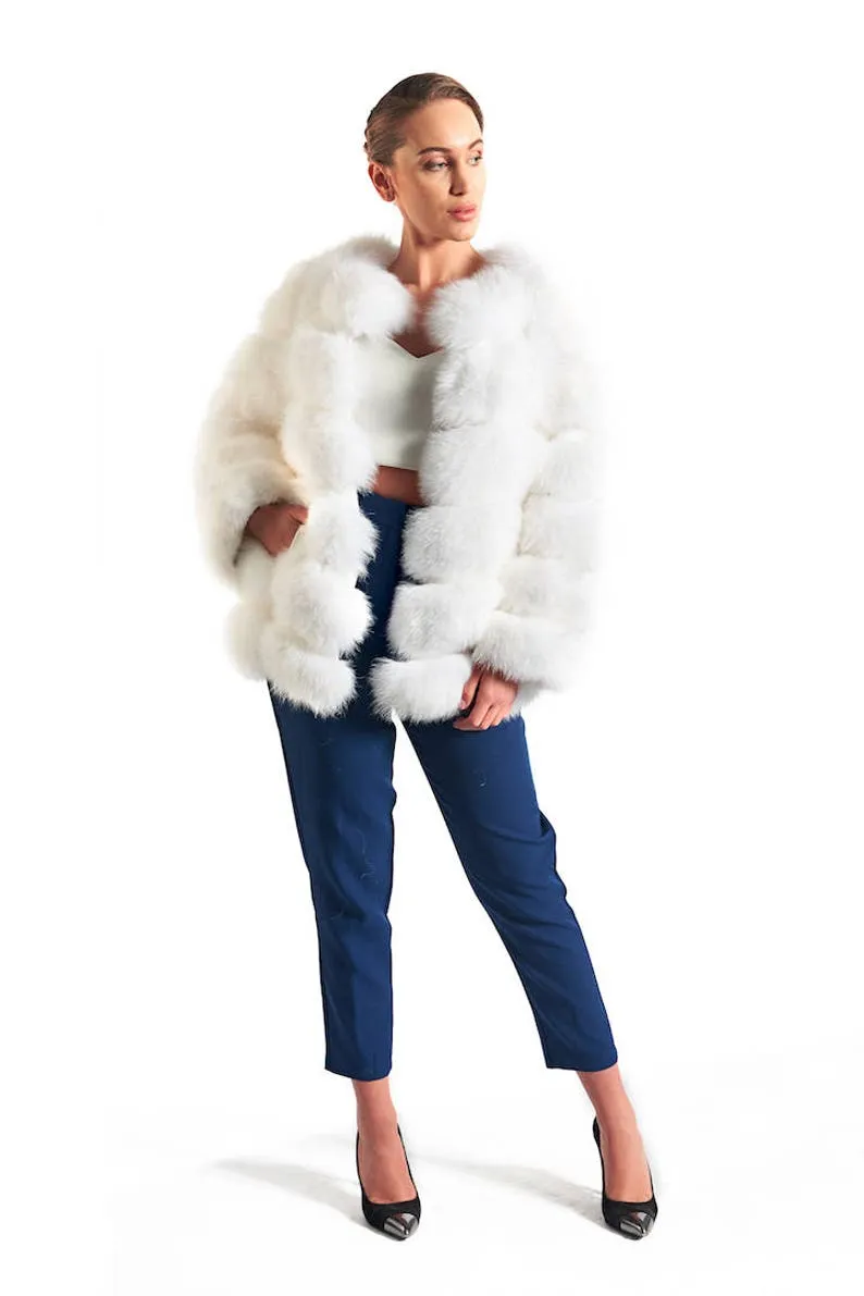 White Fox Fur Waist Length Jacket