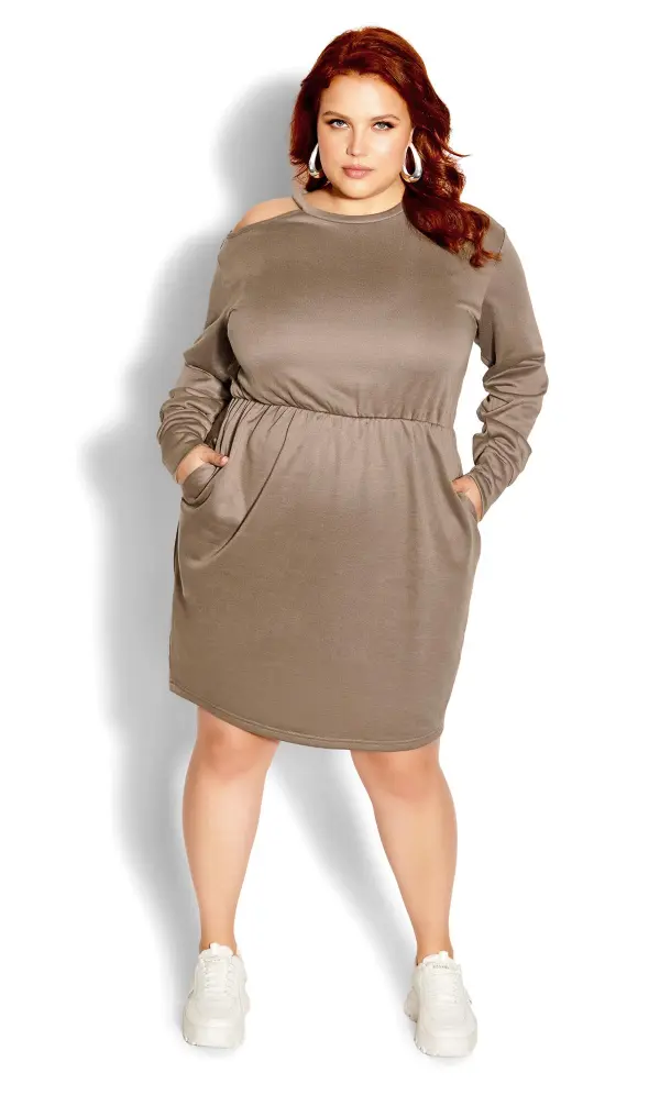 Evans Brown Asymmetric Cold Shoulder Sweat Dress