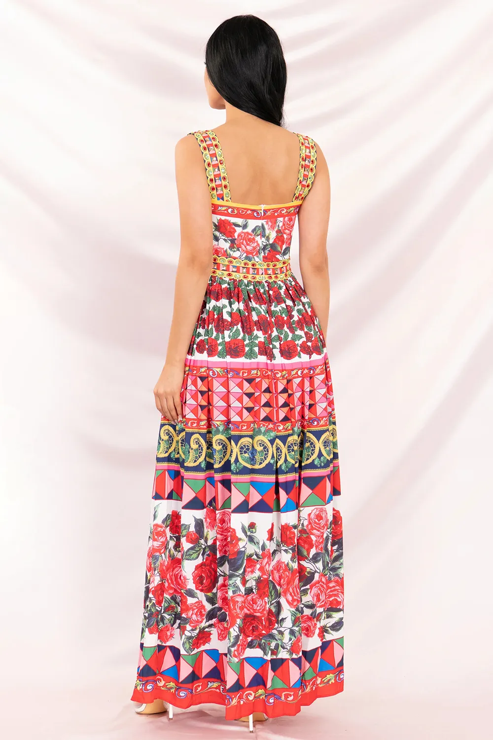 Fragmented Sleeveless Square Neck Printed Beaded Special Pleated Casual Dress