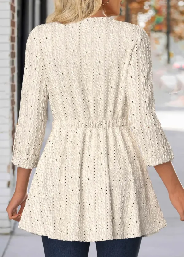 Beige Lace 3/4 Sleeve Round Neck Coat
