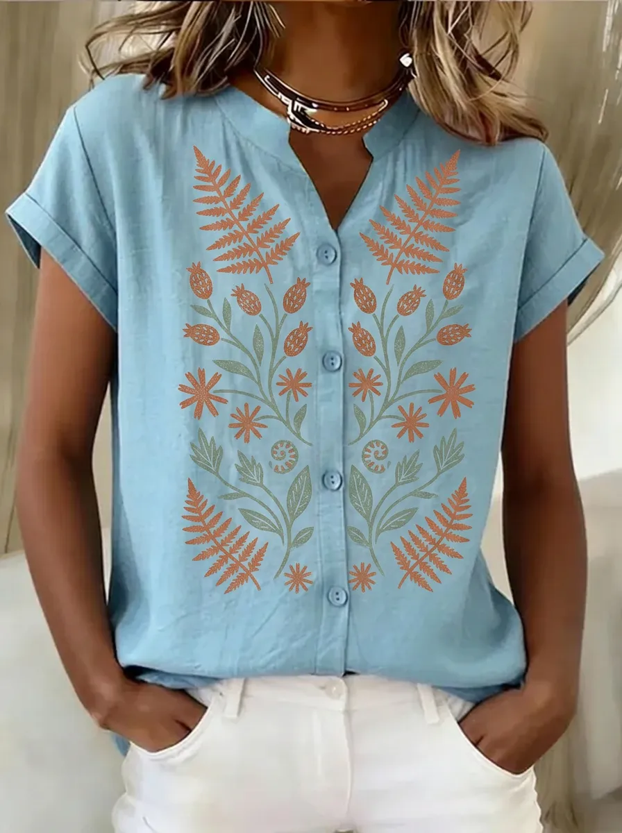 Women's Nashville Botanical Floral Printed V-Neck Shirt