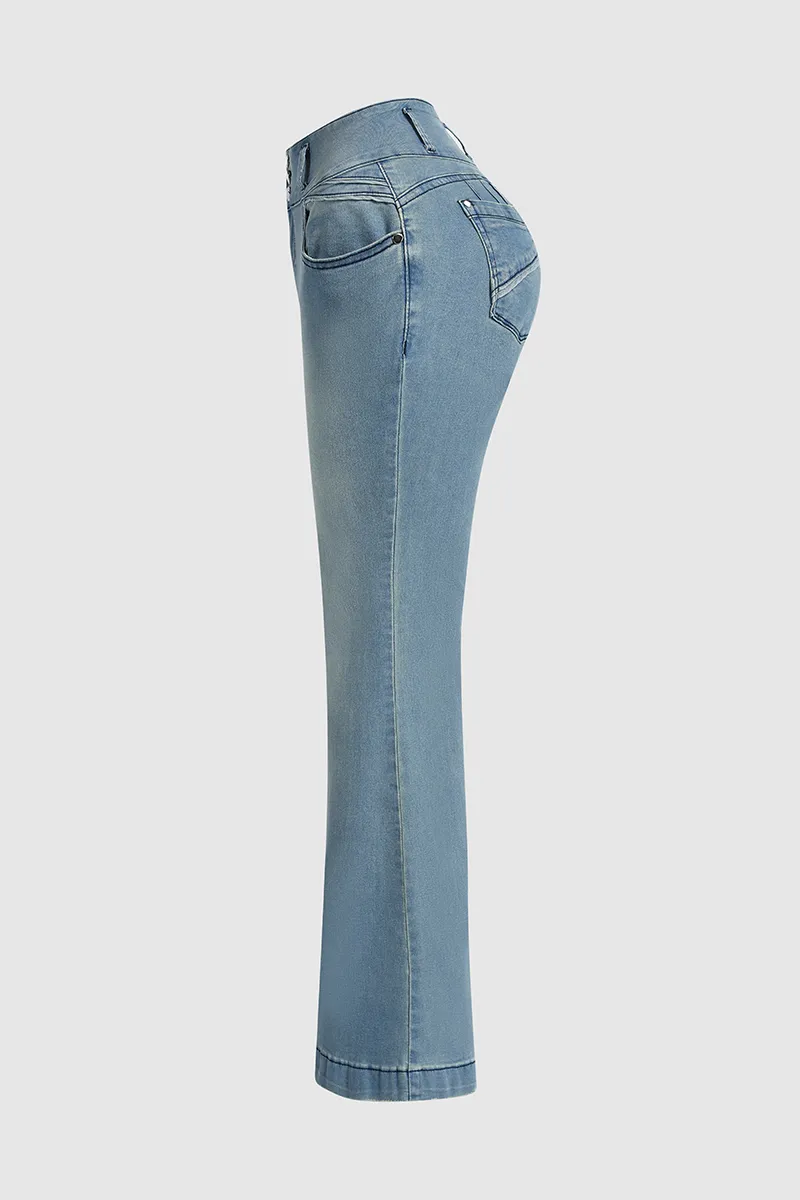 Button Up Raw Hem Mid Rise Flare Jeans