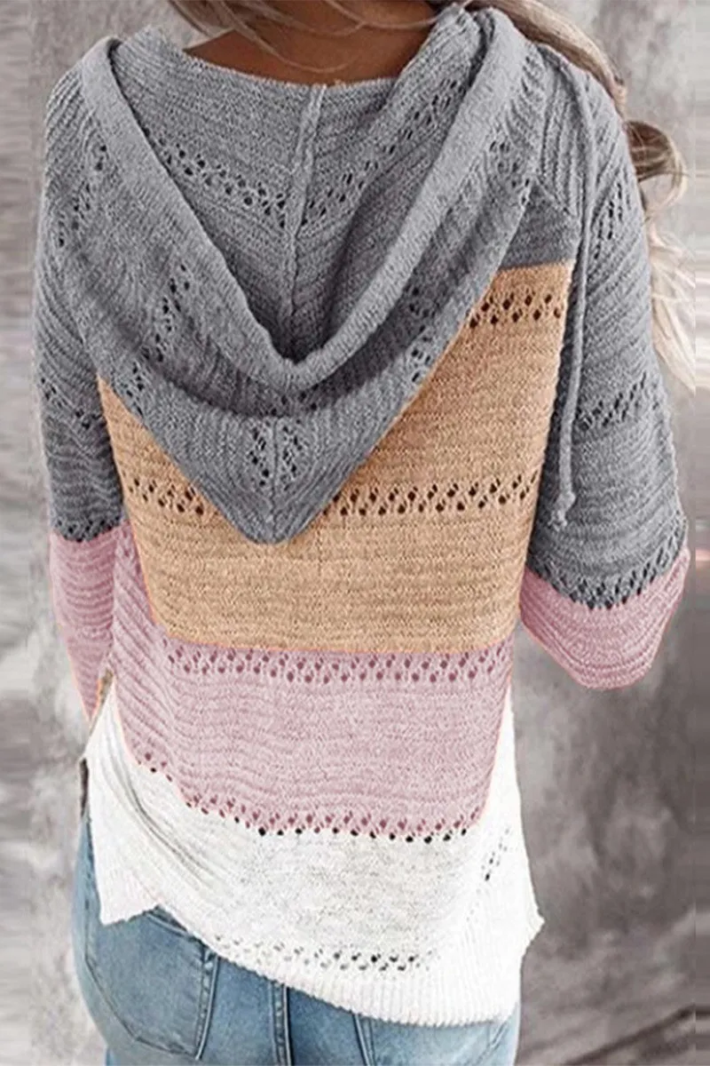 Striped & Leopard Patchwork V-Neck Hooded Sweater