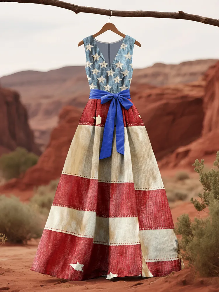 Women's Vintage Independence Day Flag Print Sleeveless Dress