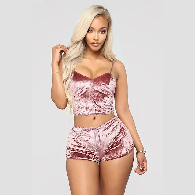 Women's Pajamas Sets Nighty 1 set Pure Color Simple Hot Retro Xmas Home Party Christmas Daily Spandex Gift Sleeveless Strap Top Shorts Basic Spring Summer Black Pink / Sexy