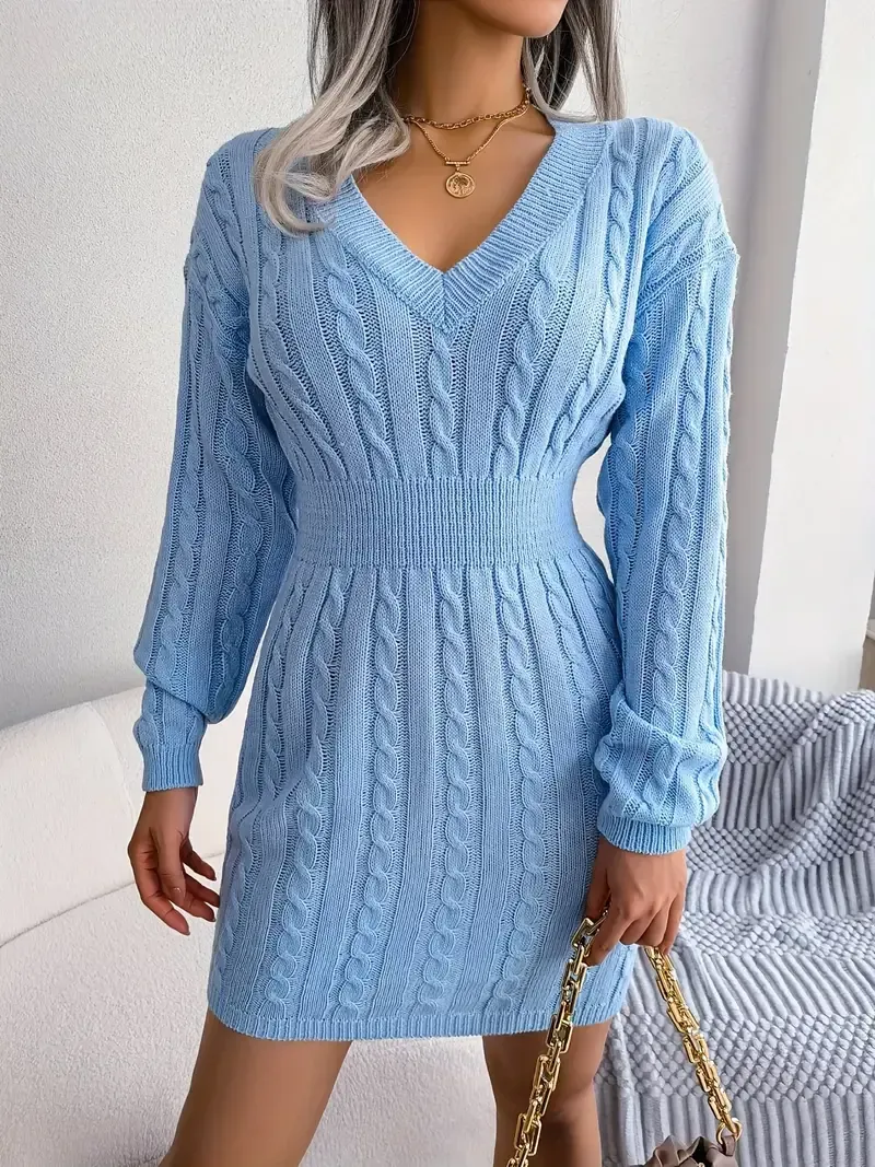 Cable Knit Sweater Dress, Casual V Neck Long Sleeve Bag Hip Dress, Women's Clothing