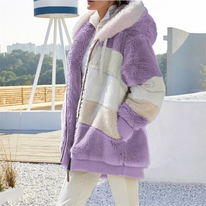 Contrast Plush Drawstring Hooded Jacket