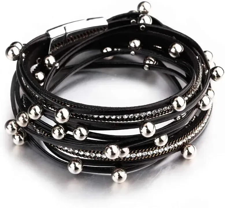 Fesciory Leather Wrap Bracelets for Women, Boho Leopard Multi-Layer Crystal Beads Cuff Bracelet Jewelry