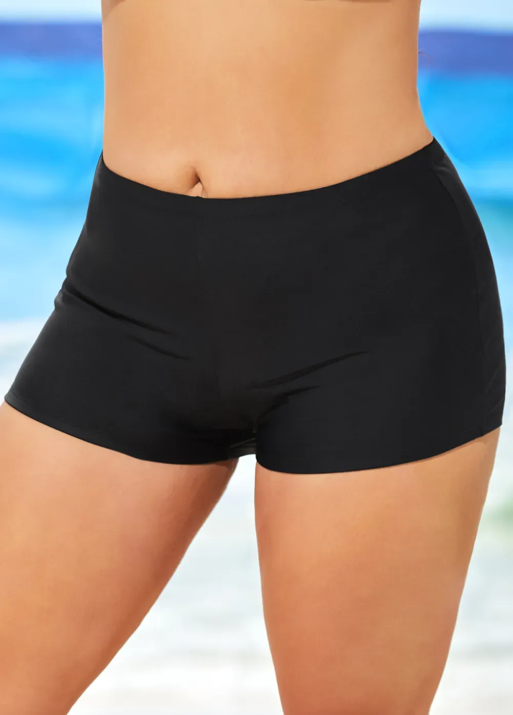 Black Mid Waisted Elastic Detail Swimwear Shorts