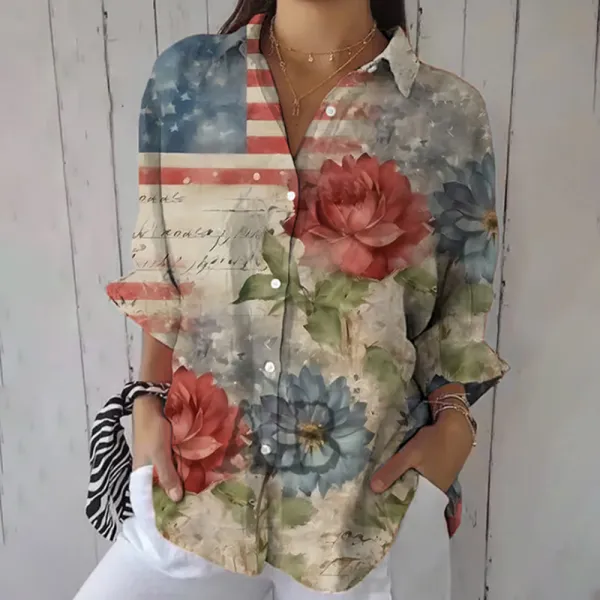 Women's Casual Cotton And Linen Floral Independence Day Shirt