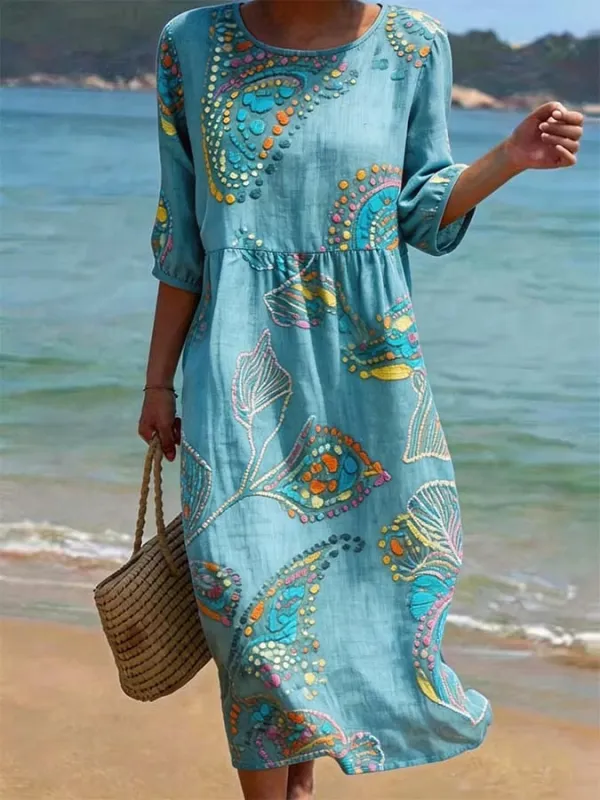 Women's Casual Round Neck Mid Sleeve Print Cotton and Linen Dress