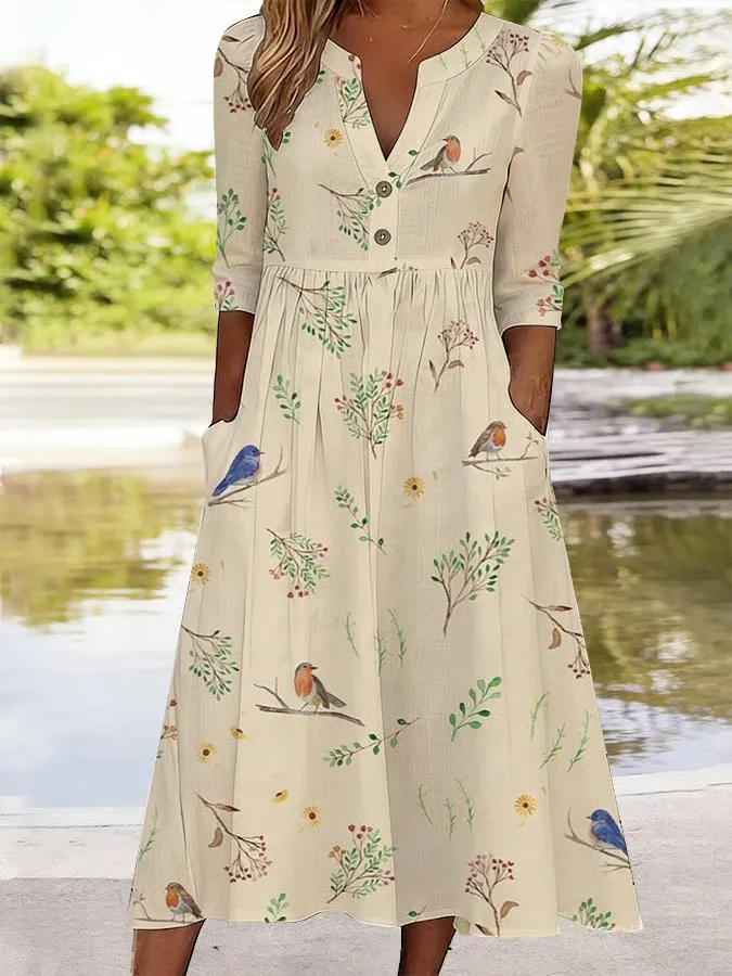 Women's Casual Retro Bird and Floral Dress