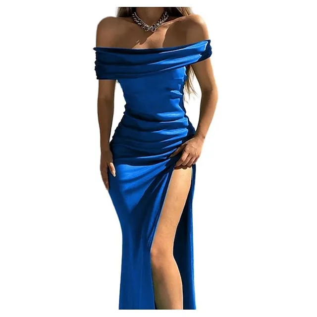 Women‘s Little Black Dress Prom Dress Party Dress Long Dress Maxi Dress Black Wine Blue Sleeveless Ruched Summer Spring Fall Off Shoulder Fashion Wedding Guest Black Cocktail Dress