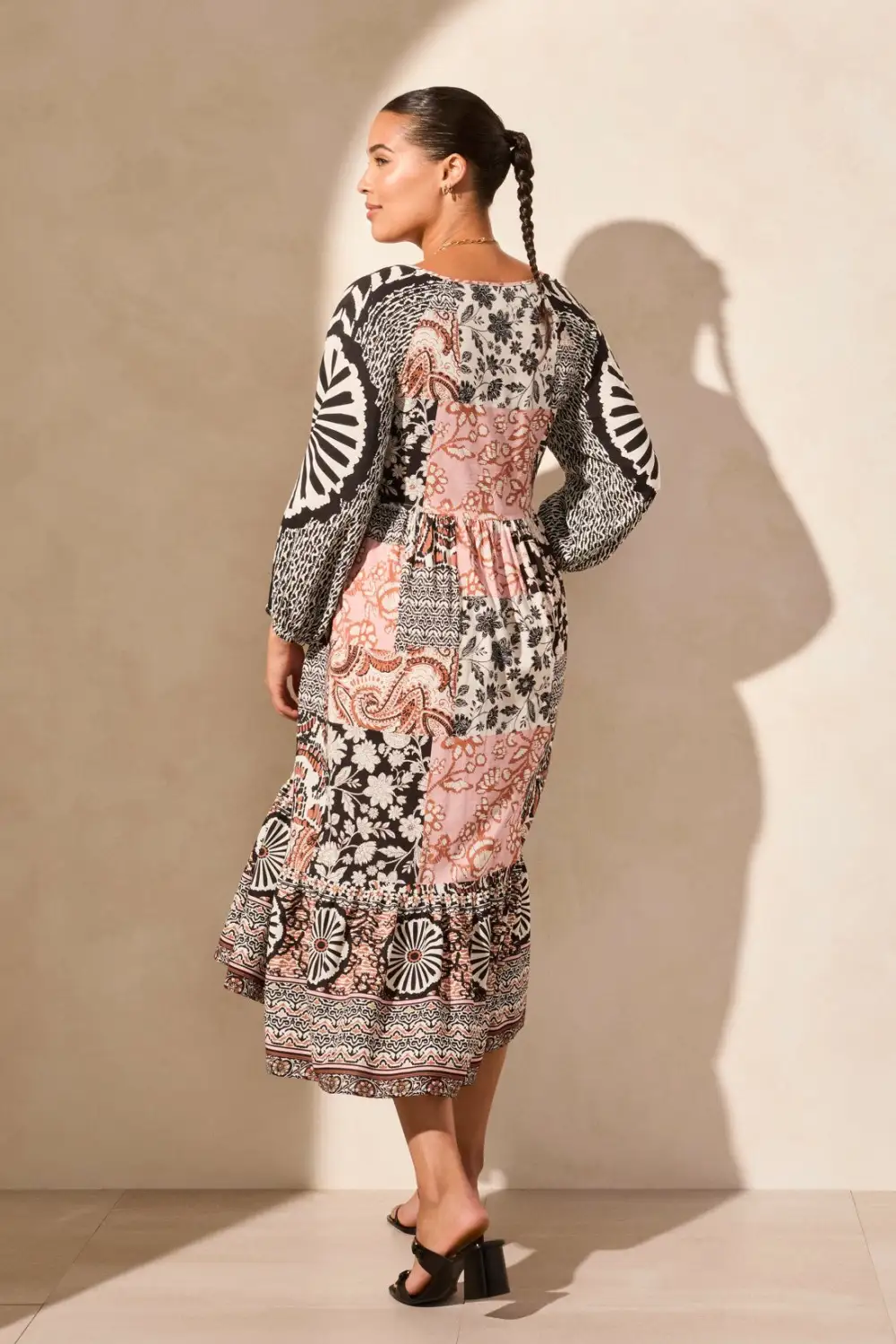 Long Raglan Sleeve Poplin V-Neck Dress-Desertsand