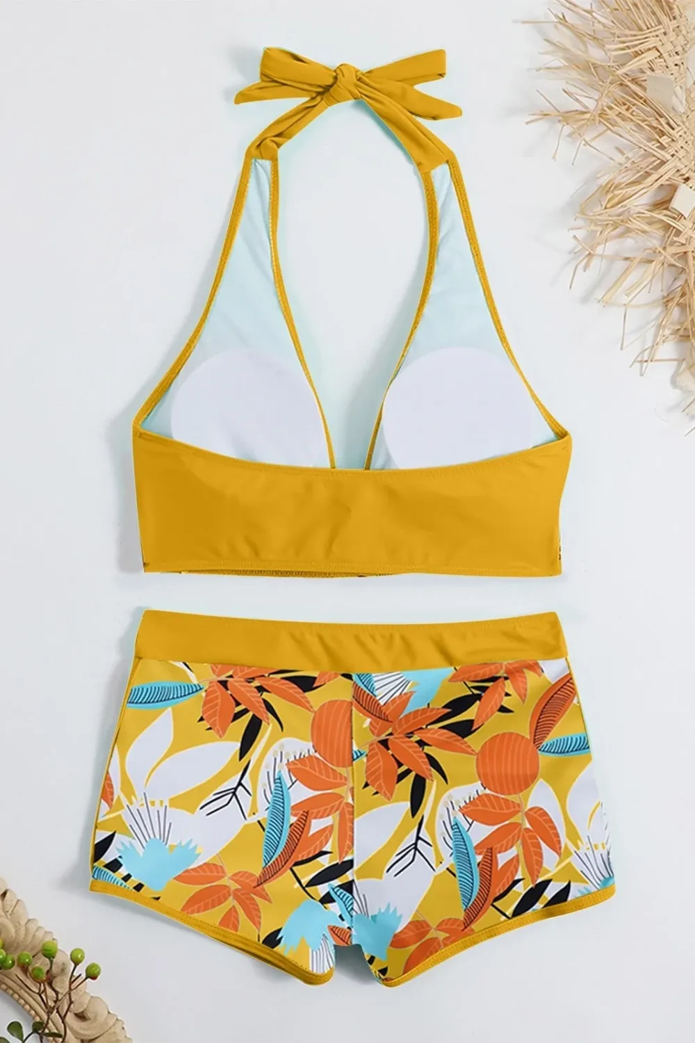 Sexy padded printed high-waisted patchwork swim trunks set