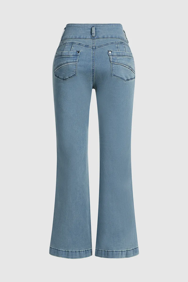 Button Up Raw Hem Mid Rise Flare Jeans