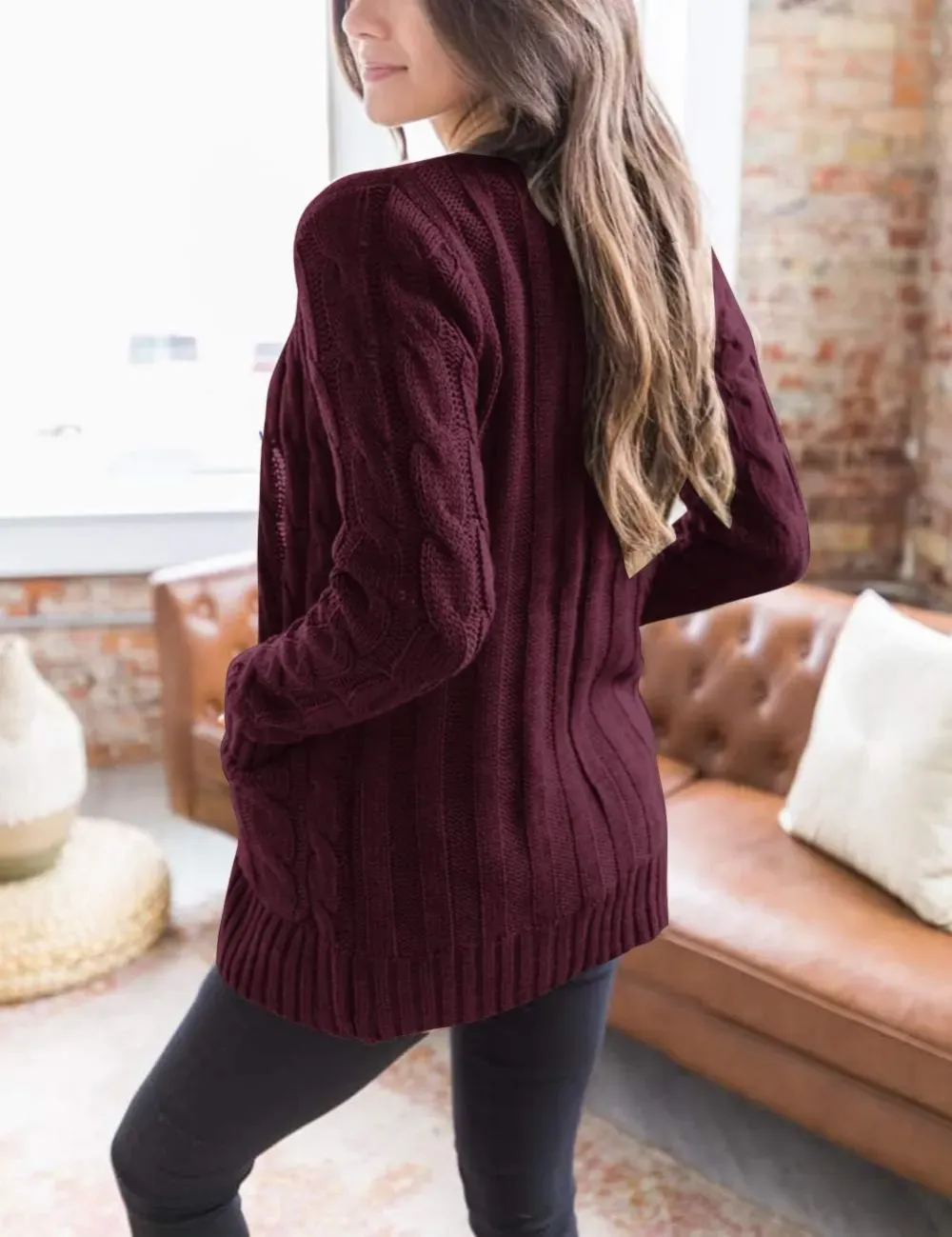 MEROKEETY Women's 2024 Fall Long Sleeve Cable Knit Sweater Open Front Cardigan Button Loose Outerwear