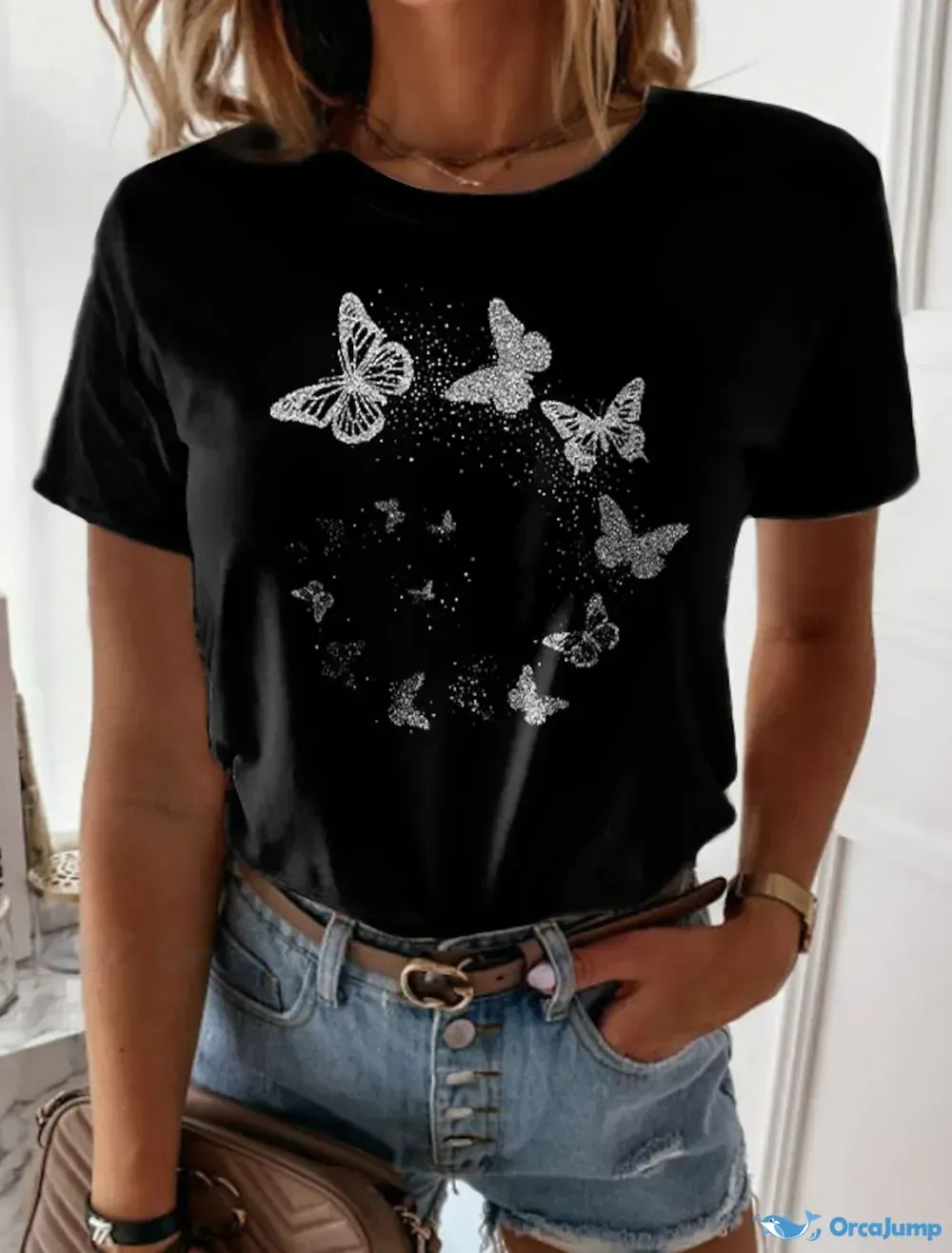 Women's T-Shirt Tee with Short Sleeves and Round Neckline Featuring a 3D Butterfly Painting Print in Green, Blue,