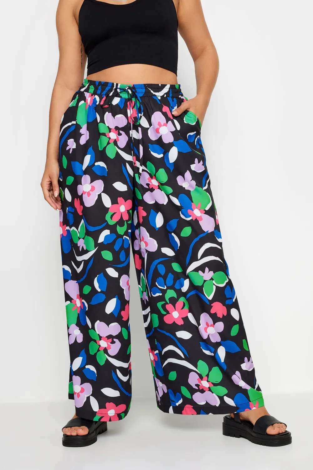 YOURS Curve Blue Abstract Print Drawstring Wide Leg Trousers