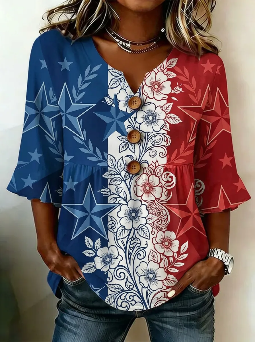 Women's Nashville Star Floral Pattern Printed V-Neck Button Top