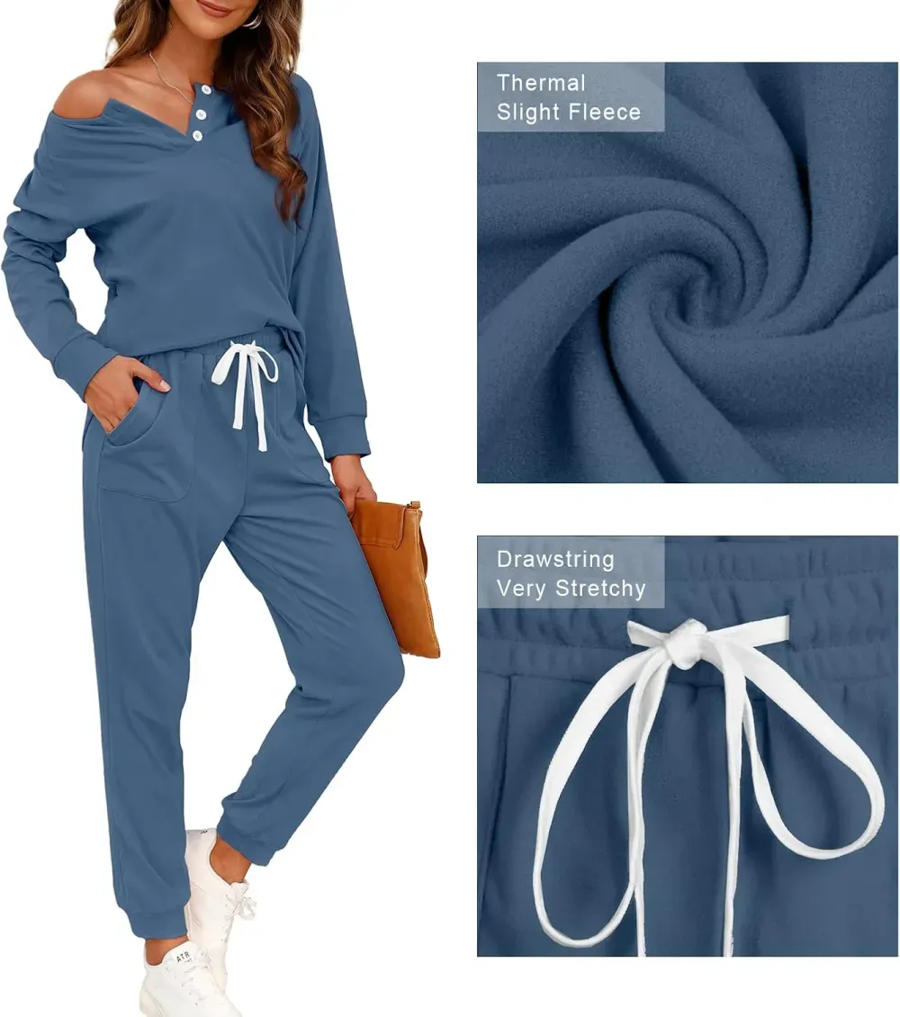 Two Piece Outfits for Women Lounge Sets Button Down Sweatshirt Sweatpants Sweatsuits Set with Pockets