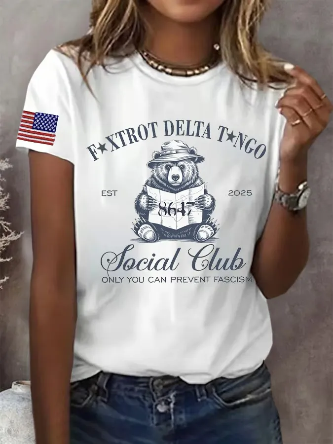 Women'S T-Shirt Fashion Flag Print Casual T-Shirt Pure Cotton Round Neck Print Short Sleeve