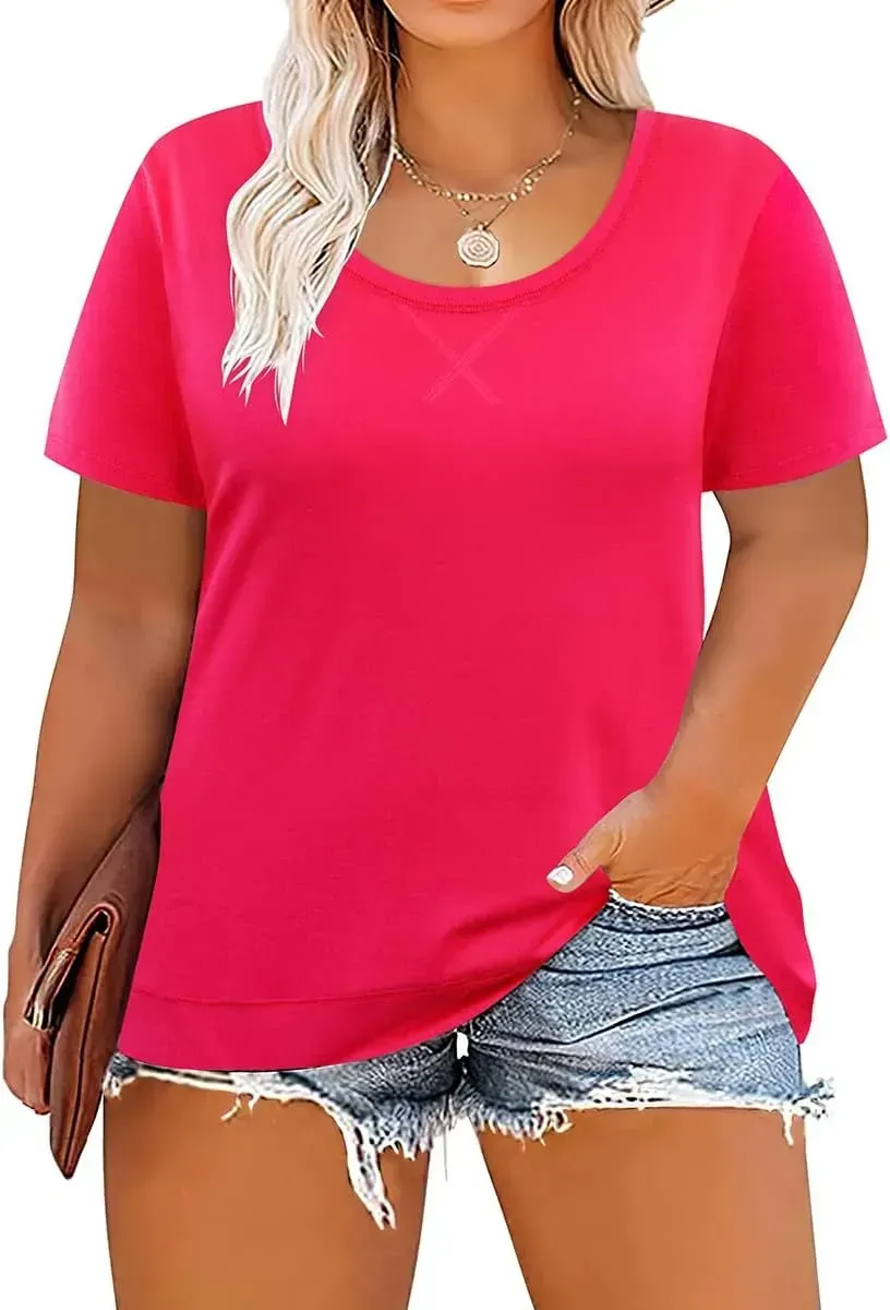 TIYOMI Plus Size T Shirt for Women Short Sleeve Tunic Cross Line Shirts Round Neck Tops Summer Blouse XL-5XL 14-28