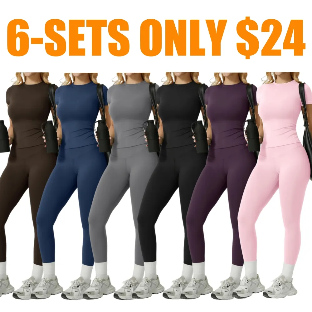 Women's Solid Ribbed Long Sleeve Tee & Leggings Sport Set