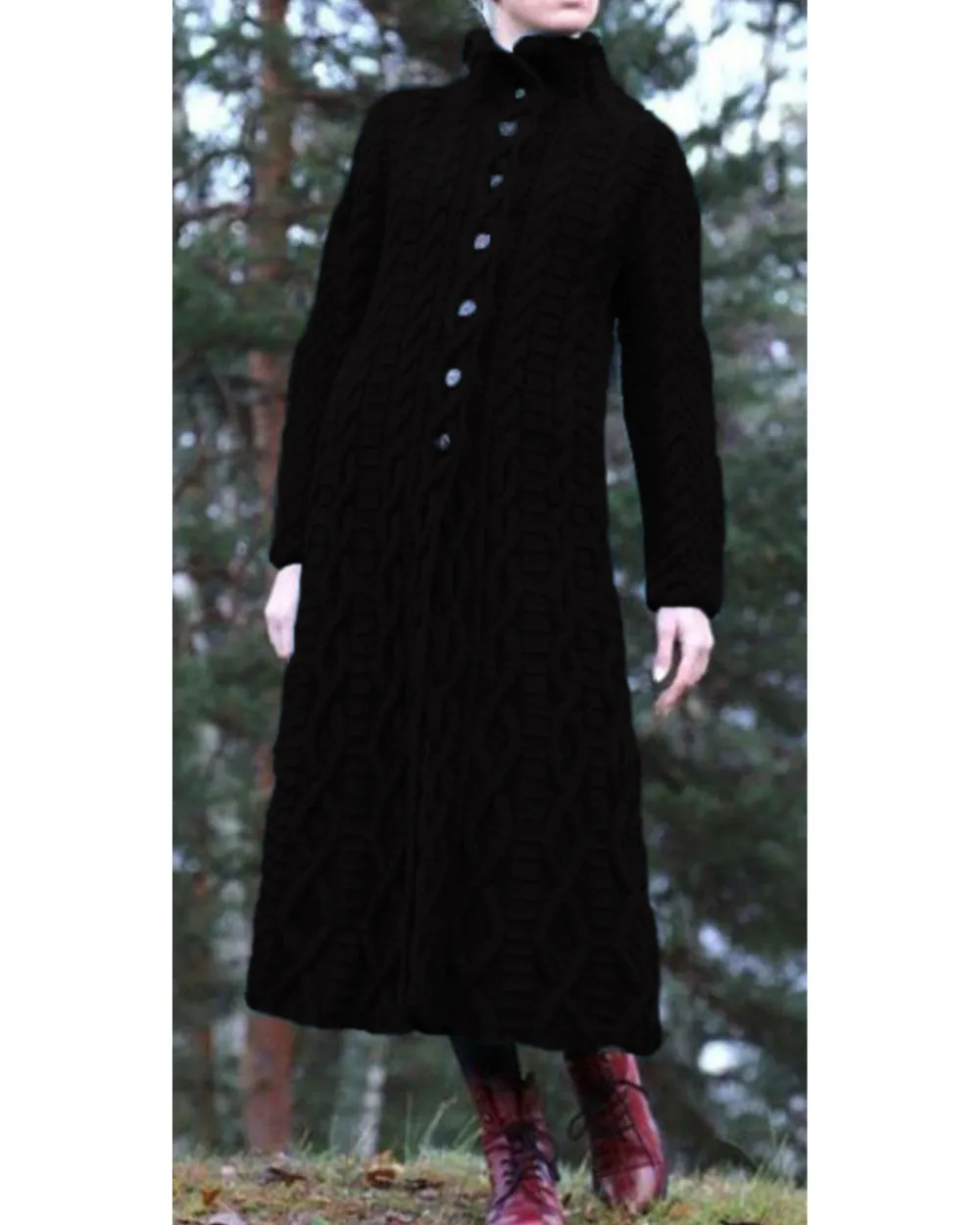 Women's High Neck Chunky Twist Knit Extra Long Cardigan