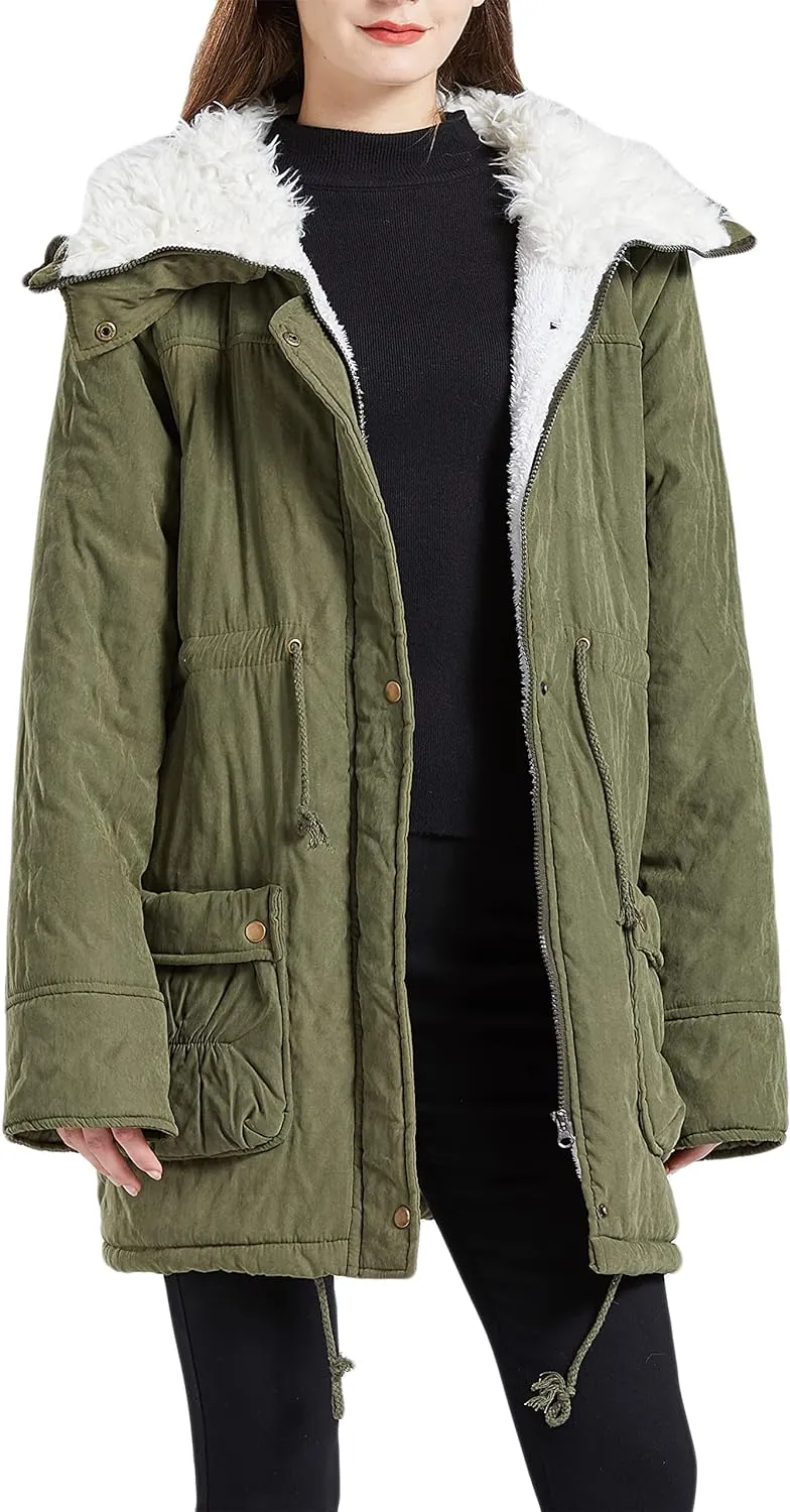 Women's Winter Mid Length Thick Warm Faux Lamb Wool Lined Jacket Coat