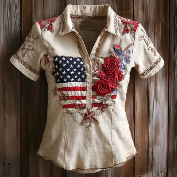 Vintage Western Rose Independence Day Cotton And Linen Polo Shirt