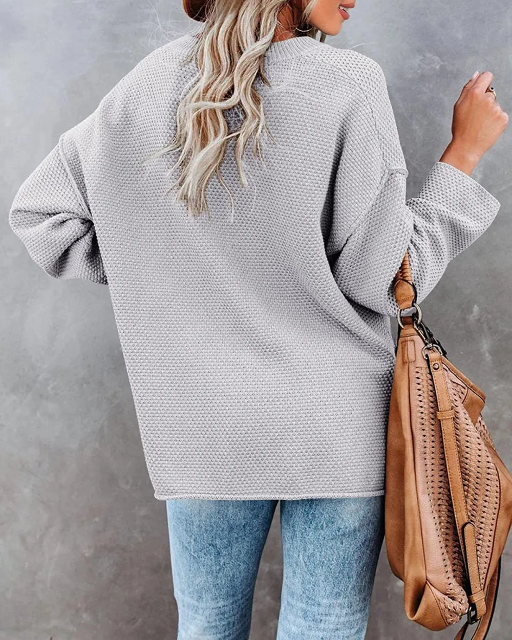 Women's Oversized Sweaters Batwing Long Sleeve Loose V Neck Button Henley Tops Pullover Knit Jumper