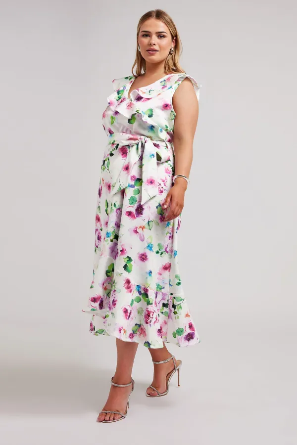 YOURS LONDON Curve White Floral Print Ruffle Wrap Dress