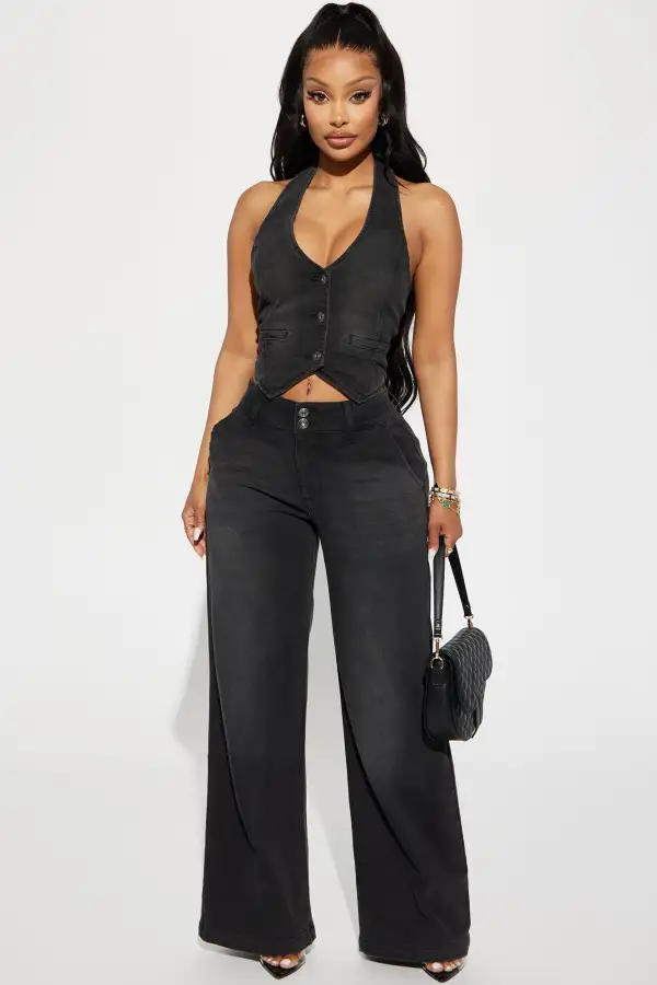 No Competition Denim Halter Top - Black Wash