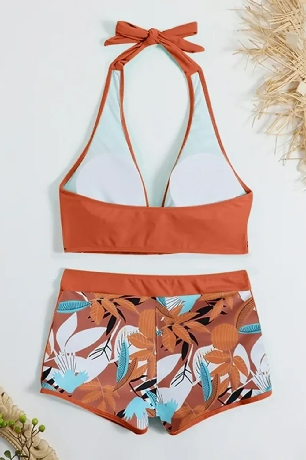 Sexy padded printed high-waisted patchwork swim trunks set