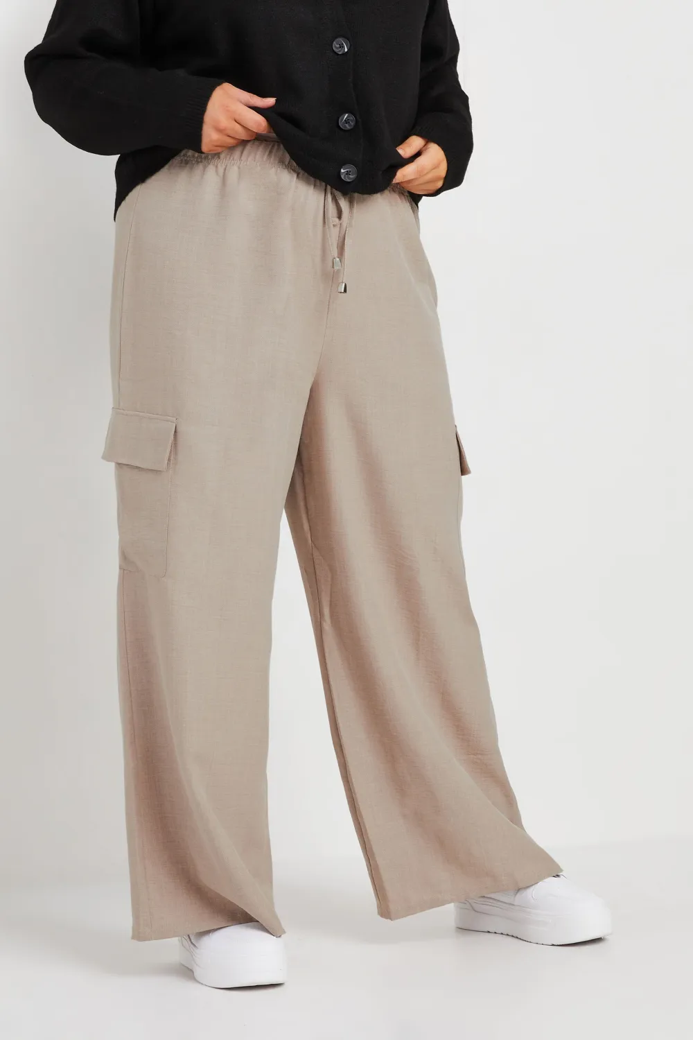 YOURS Curve Khaki Green Linen Look Cargo Trousers