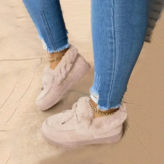 Women's Boots Snow Boots Suede Shoes Outdoor Office Daily Fleece Lined Booties Ankle Boots Winter Bowknot Flat Heel Round Toe Casual Sweet Walking Suede Loafer Leopard Solid Colored claret Leopard