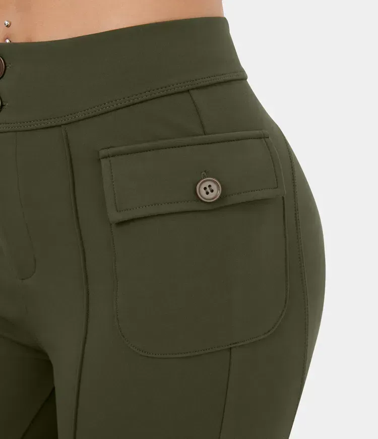 High Waisted Button Side Flap Pocket Flare Casual Cargo Pants
