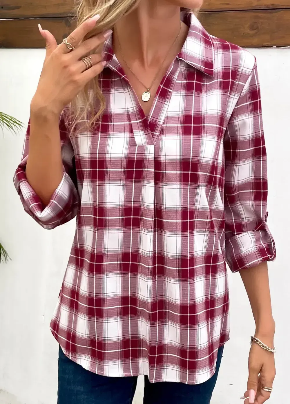 Wine Red Split Plaid Long Sleeve Blouse