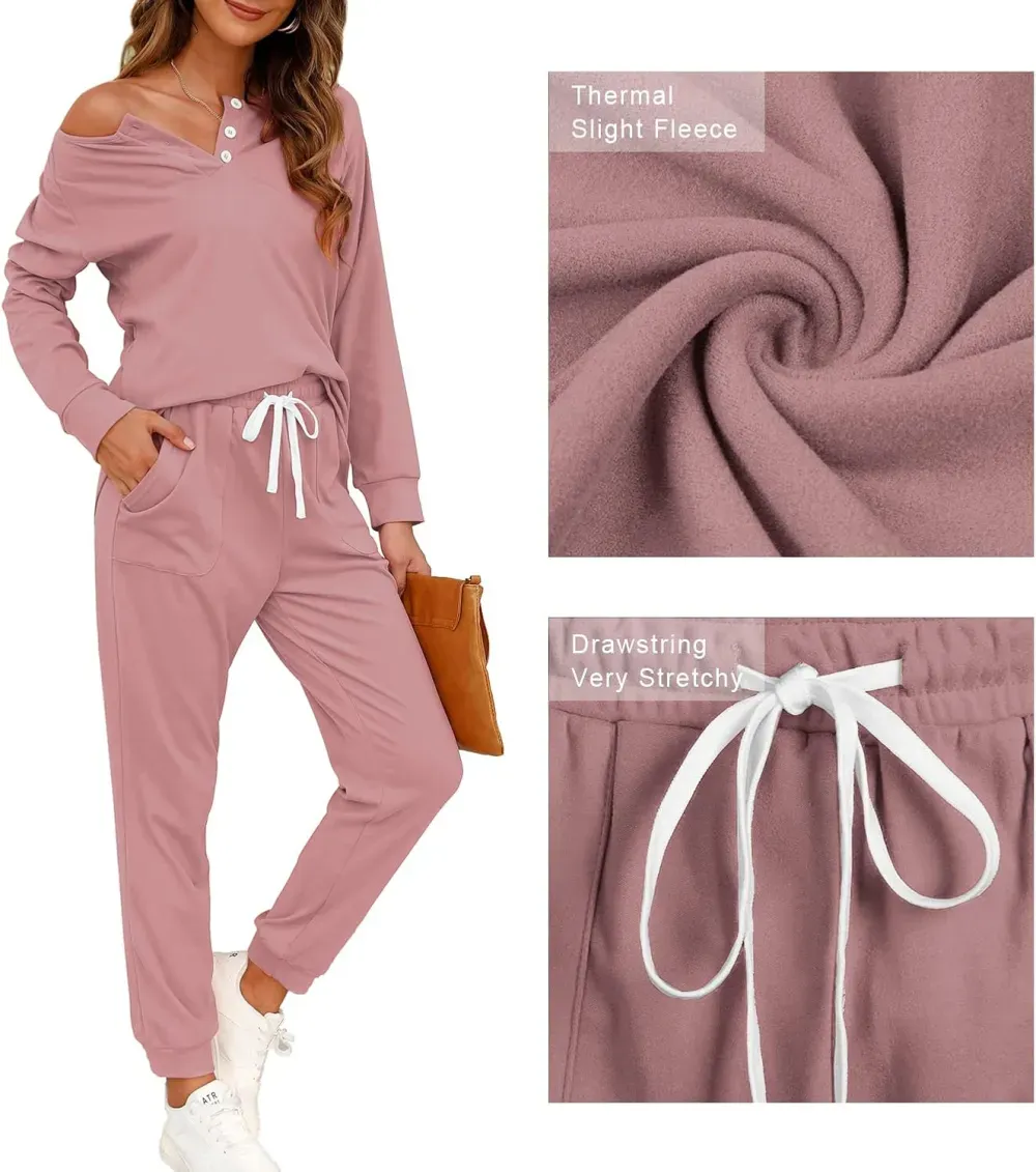 Two Piece Outfits for Women Lounge Sets Button Down Sweatshirt Sweatpants Sweatsuits Set with Pockets