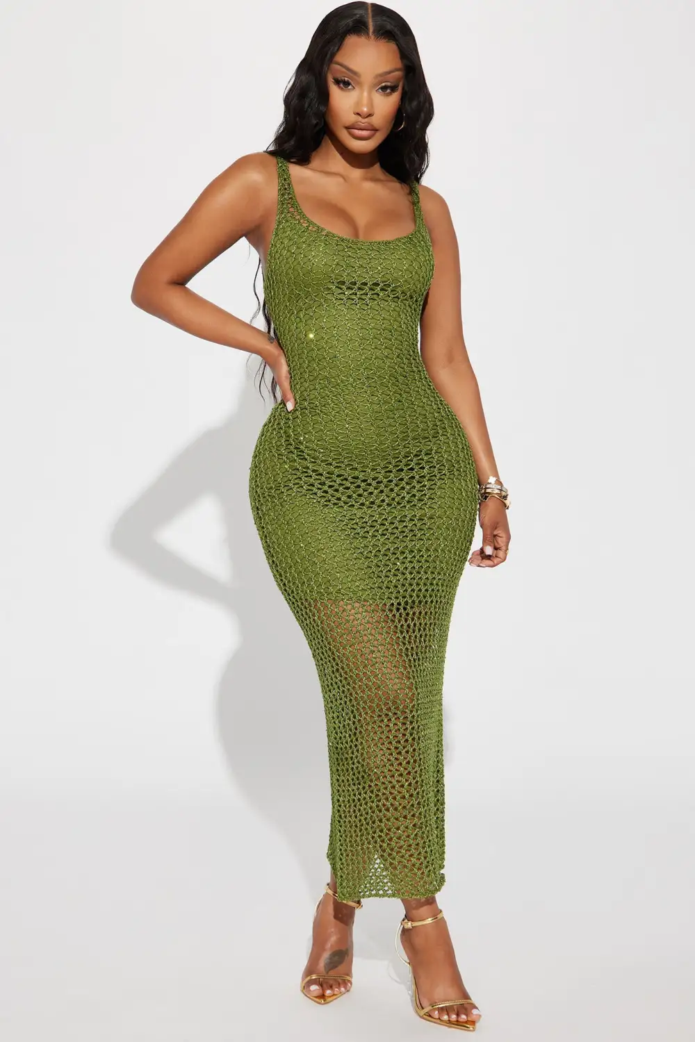 Kaylie Sequin Crochet Midi Dress - Green