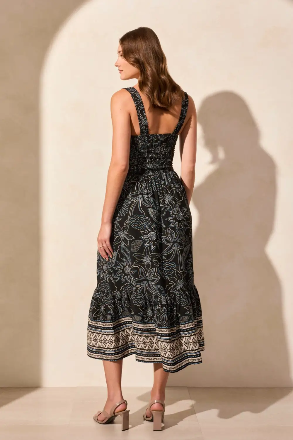 Printed Crepe Ruched Square Neck Sleeveless Dress-Deep Sea